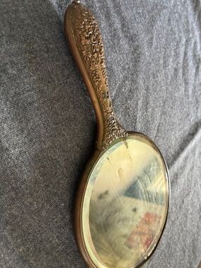 Antique-Style Ornate Hand Mirror in Brass Tone